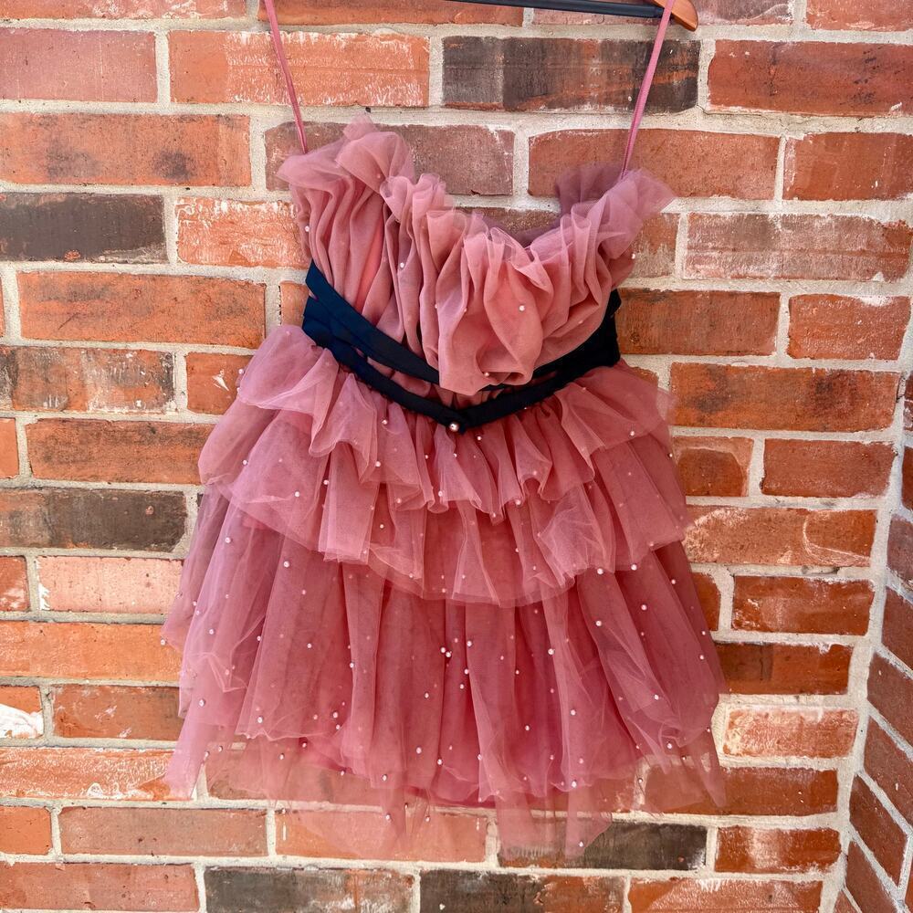 NEW – Maeve Anthropologie Strapless Tiered Tulle Mini Dress Pink Beaded Size 6 - Picture 4 of 7